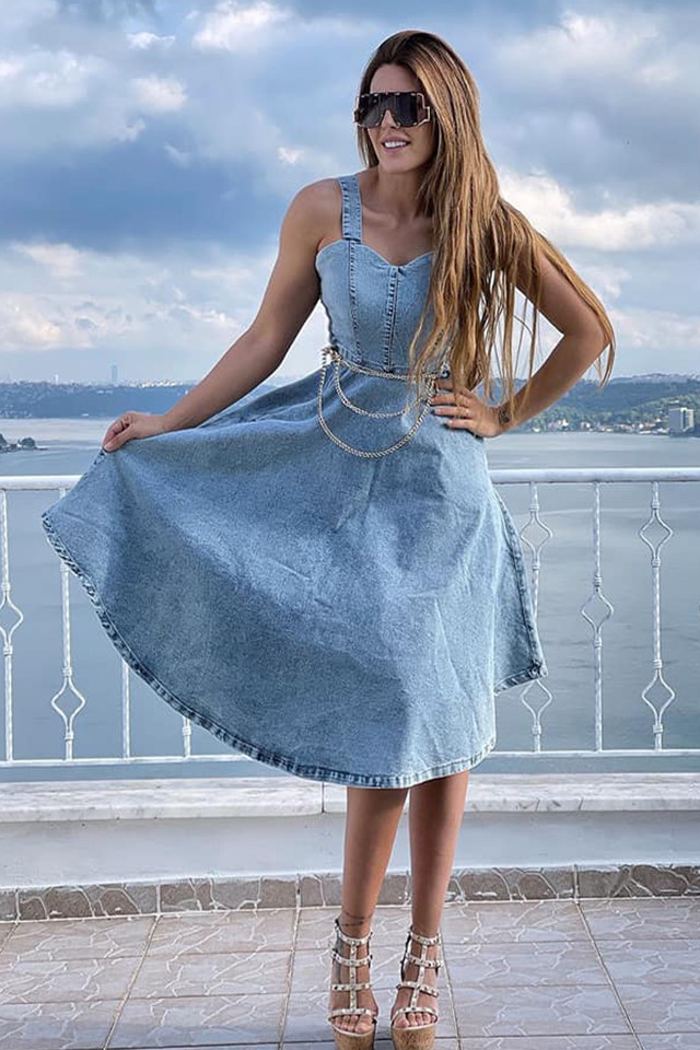 Rochie din denim Nadia accesorizata cu lant in talie, BLEU - 3 | YEO