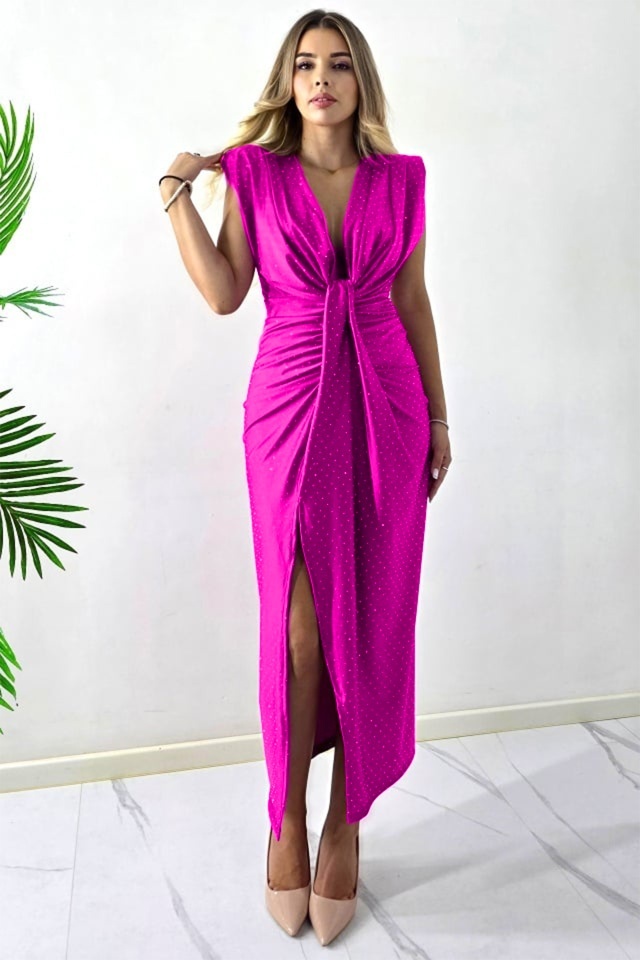Rochie eleganta cu cristale JHOSY si decolteu adanc, Fucsia, Marime S/M