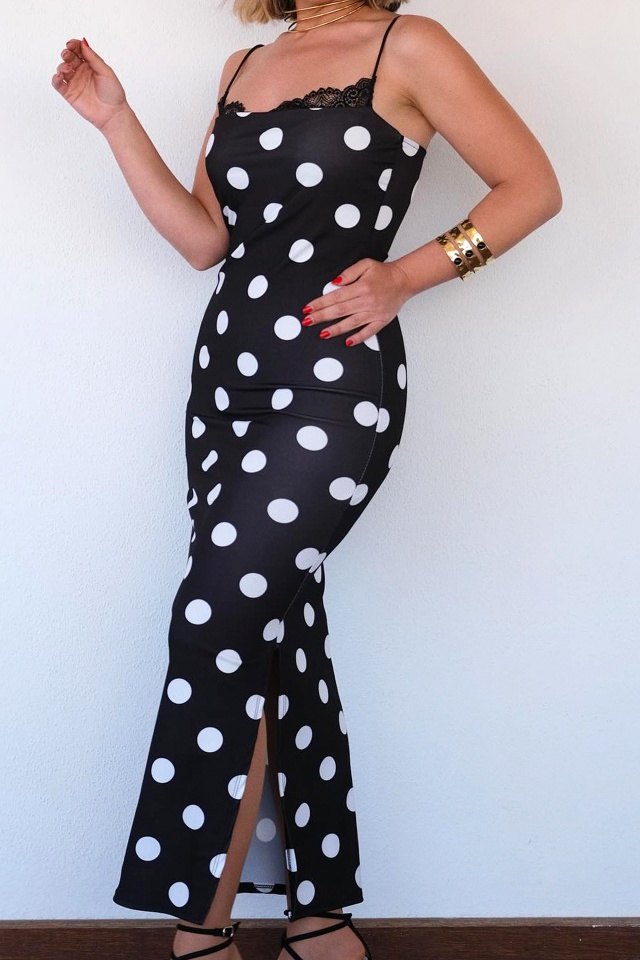 Rochie eleganta SUAVE, imprimeu cu buline si insertii din dantela, Marime S/M