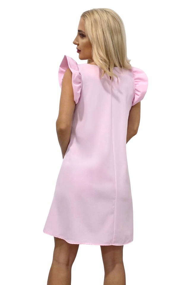 Rochie evazata scurta Azzuro, cu volanase la umeri, Roz pal, Marime universala S/M/L