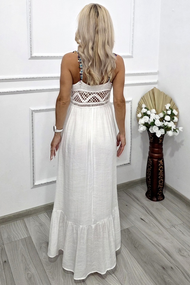 Rochie lunga de plaja TWINA, cu aspect crosetat si margele, Alb - 1 | YEO