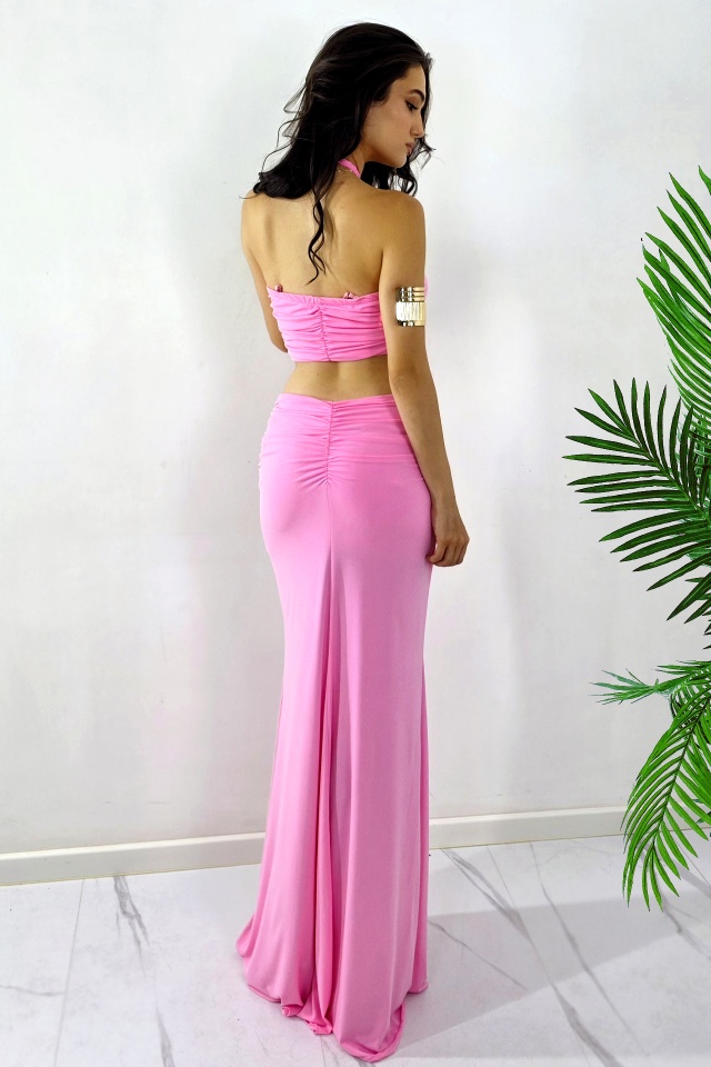 Rochie lunga de vara ELPIRI, croi decupat cu impletituri, Roz, Marime S/M