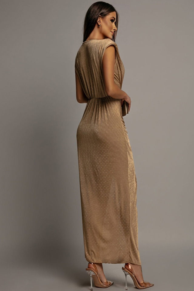 Rochie lunga fara maneci JHOSY, cu paiete si decolteu adanc, BEJ, Marime S/M