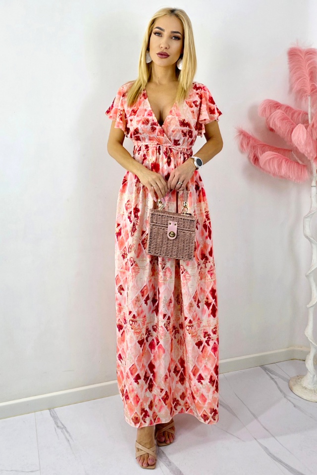 Rochie lunga ISHANI, cu aspect matasos si ciucuri decorativi, Corai, Marime S/M/L - 2 | YEO