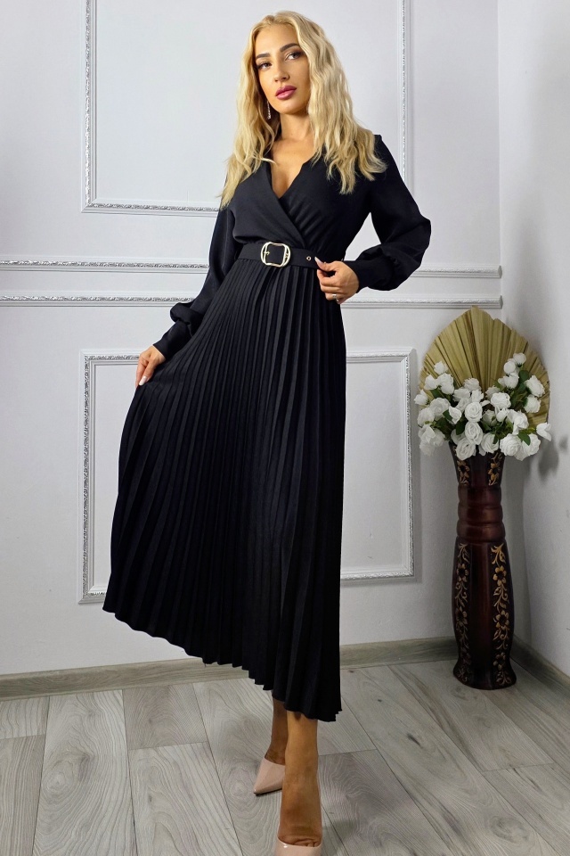 Rochie lunga office NOVARA, curea asortata si revere, Negru, Marime S/M