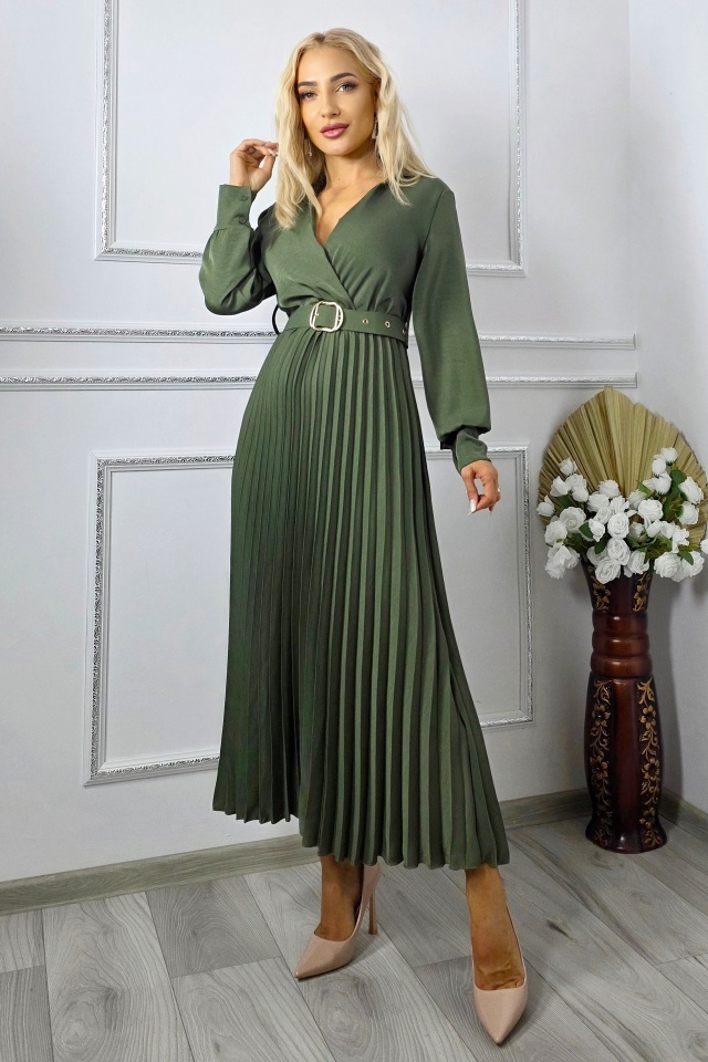 Rochie lunga plisata NOVARA, efect petrecut si revere, Verde Kaki, Marime S/M - 3 | YEO