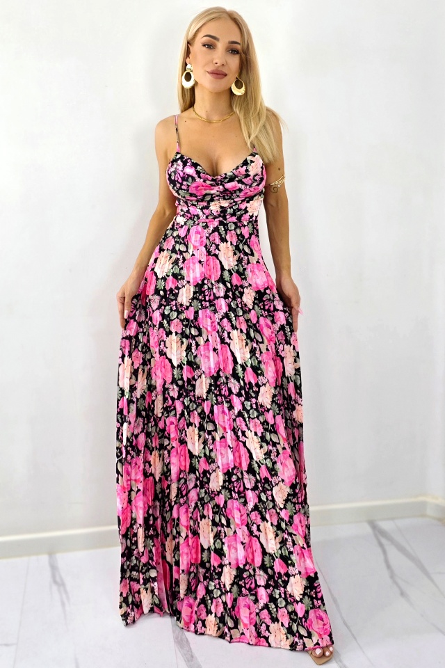 Rochie lunga plisata NYSA, cupe buretate si legare spate, Negru/ROZ, Marime S/M