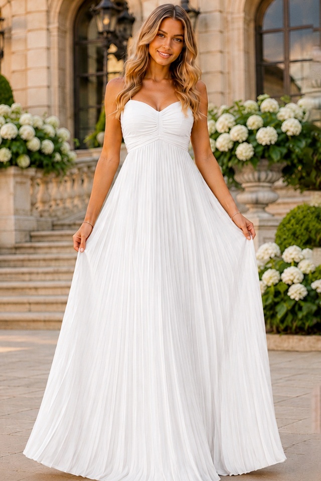 Rochie lunga plisata NYSA UNI, cu legare la spate, Alb, Marime S/M