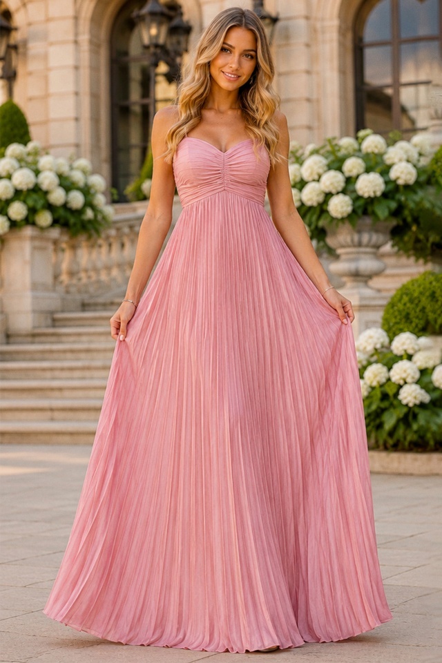 Rochie lunga plisata NYSA UNI, cu legare la spate, Roz, Marime S/M
