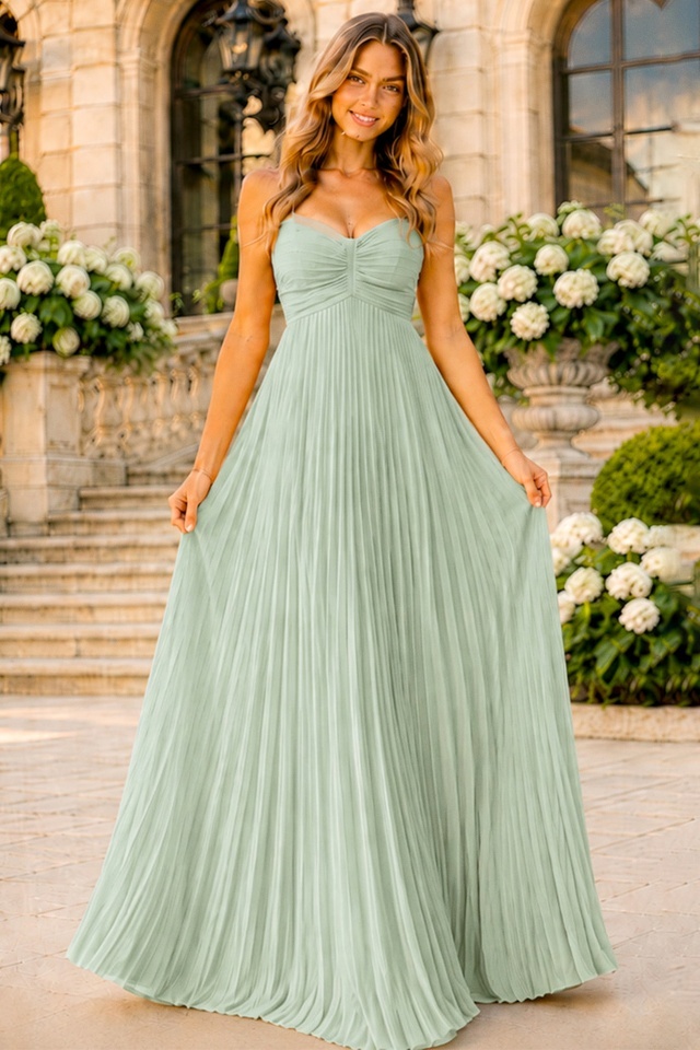 Rochie lunga plisata NYSA UNI, cu legare la spate, Verde Fistic, Marime S/M