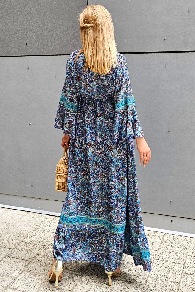 Rochie lunga Sanziana, cu ciucuri, mătase artizanală si maneci evazate, Albastru, Marime S/M/L - 1 | YEO