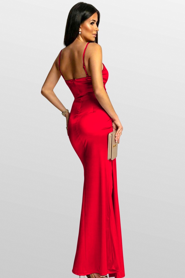 Rochie lunga satinata, OLyna, cu crapatura pe picior si fald, Rosu, Marime S/M