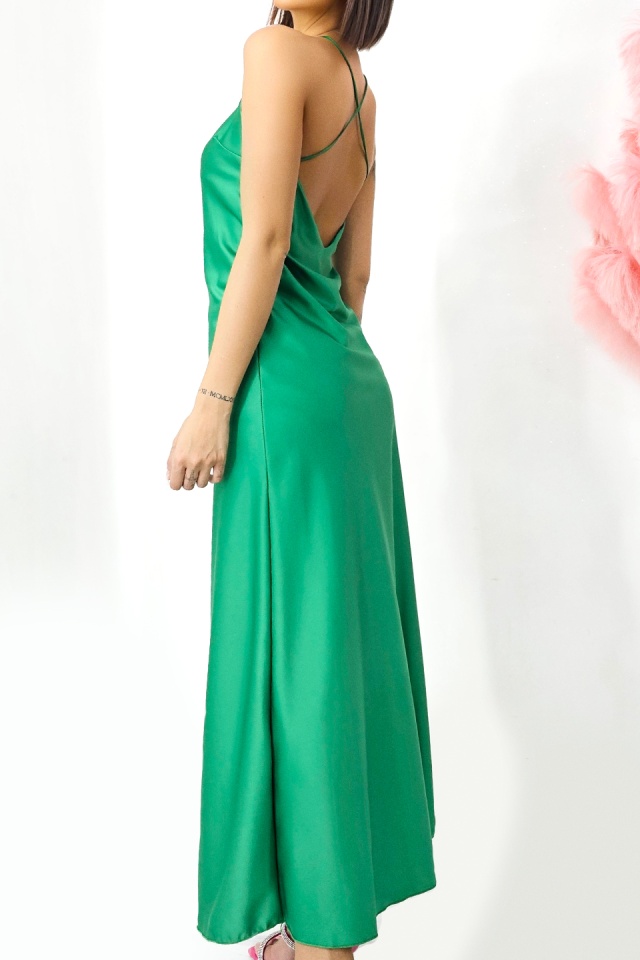 Rochie lunga satinata Priscilla, cu spatele gol si croiala halter, Verde, Marime S/M