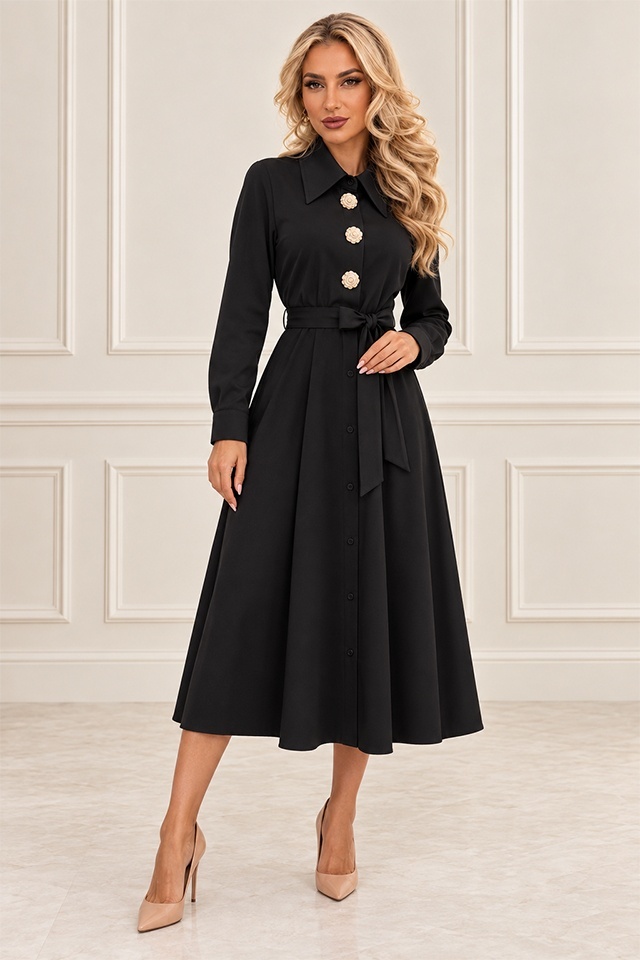 Rochie midi tip camasa OREVIA, cu cordon in talie si nasturi decorativi aurii, Negru, Marime One Size S/M