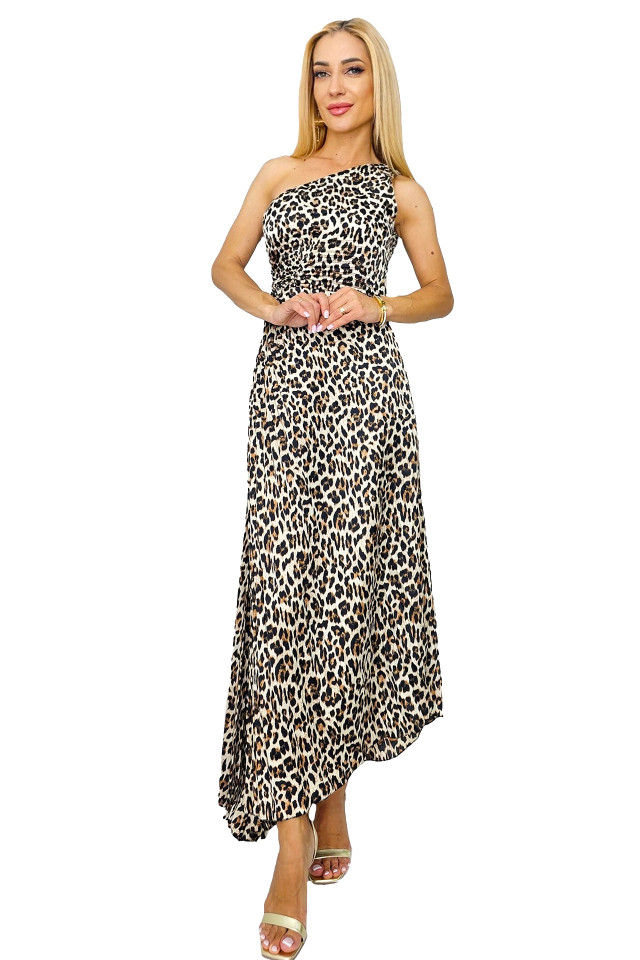 Rochie plisata asimetrica Elza, cu decupaj in zona taliei, Animal print - leopard, Marime S/M