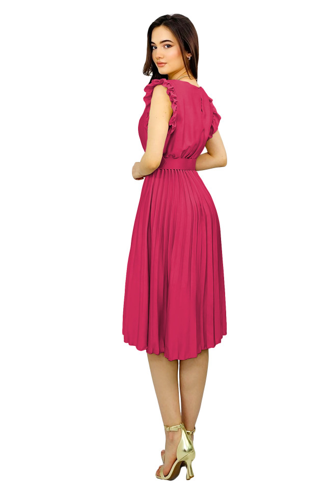 Rochie plisata midi, Elenor, cu volanase si curea asortata, Fucsia, Marime universala S/M