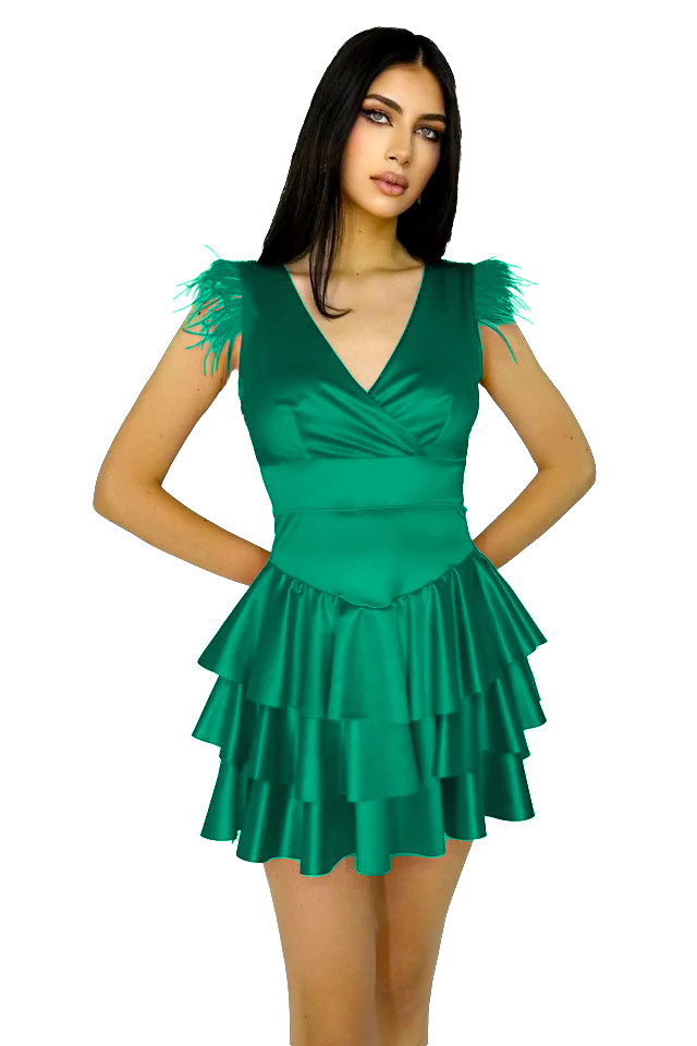 Rochie satinata Anisia, cu volane, detaliu din pene si decolteu adanc, Verde brad, Marimea S/M