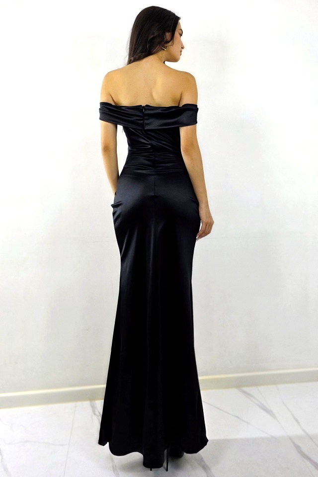 Rochie satinata de ocazie DHALIA, talie cambrata, efect petrecut, Negru - 1 | YEO