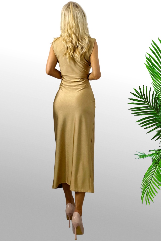 Rochie satinata Ilaria, croiala lunga si crapatura pe picior, Gold, Marime S/M - 1 | YEO