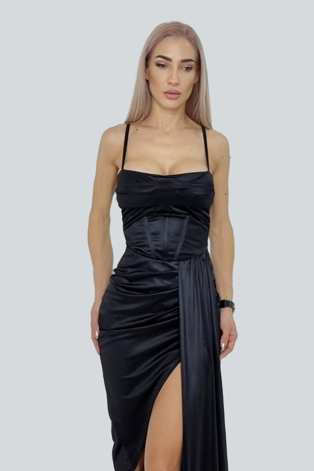 Rochie satinata Valentina, asimetrica, cu fronseuri si bretele subtiri, Negru, Marime universala S/M