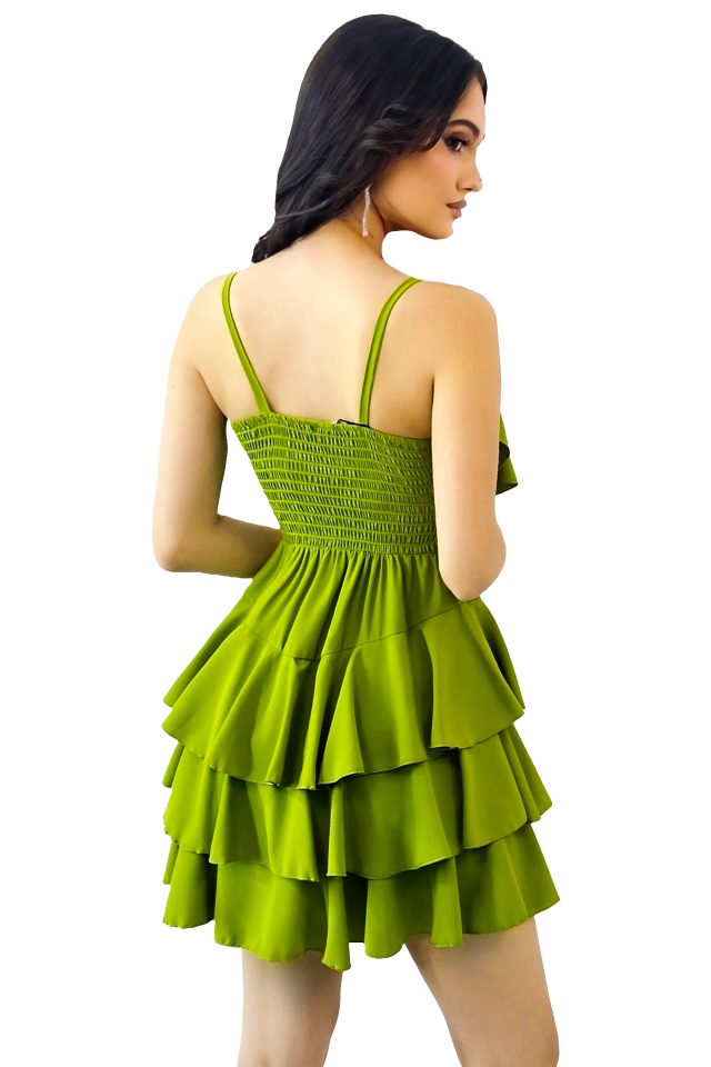 Rochie scurta AUGUSTina, babydoll cu volane asimetrice, Verde Olive, Marime S/M