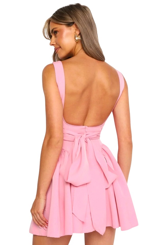 Rochie scurta babydoll MARA, cu spatele gol si funda, ROZ, Marime S/M/L