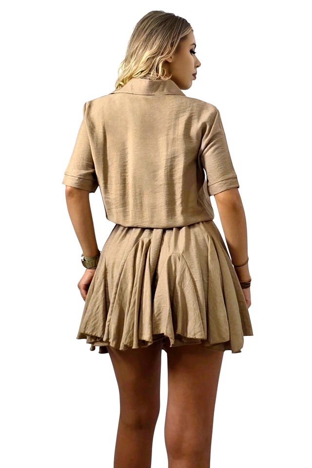 Rochie scurta, casual Peony, cu volane si revere, Bej, Marime S/M
