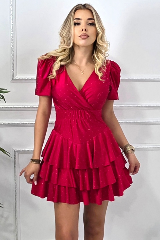 Rochie scurta de banchet, NAYABI, cu volane si cristale, Rosu, Marime S/M