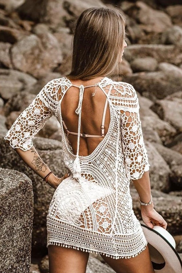 Rochie scurta de plaja Solva, aspect crosetat cu maneca trei sferturi, ALB, Marime S/M - 1 | YEO