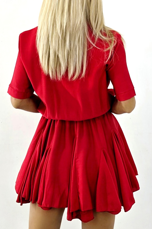 Rochie scurta, de zi, Peony, cu volum si volane, Rosu, Marime S/M