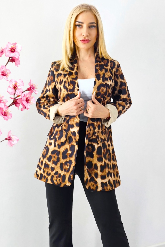 Sacou animal print LHEIA, fara inchidere, cu buzunare decorative, Leopard, Marime S/M - 2 | YEO