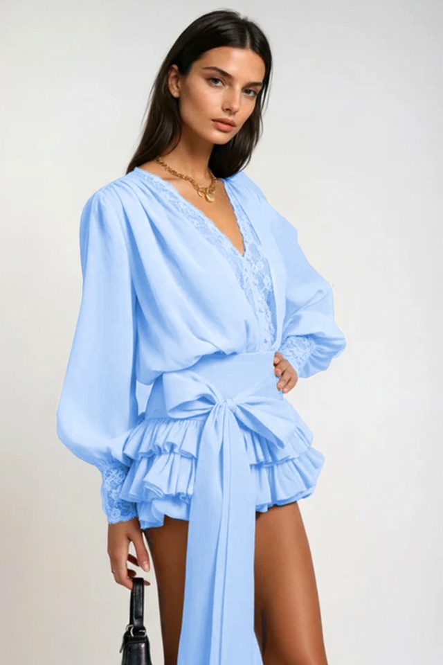 Salopeta cu fusta scurta ECLIPSE, volane, funda si dantela, Baby Blue, Marime S/M