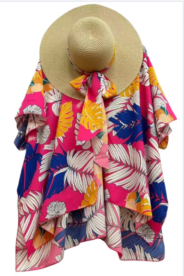 Set de plaja SAMY, pareo scurt si palarie accesorizata cu esarfa, Fucsia Jungle, Marime S/M - 1 | YEO
