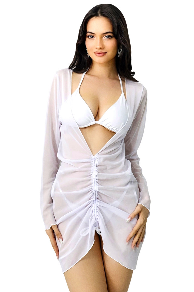 Set de plaja trei piese Ameline, costum de baie reglabil si rochie cu snur reversibil, Alb