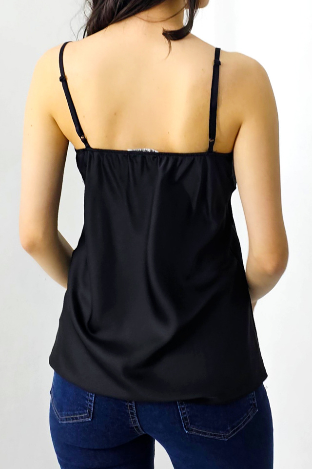 Top din satin Juliana, cu bretele subtiri reglabile si dantela, Negru, Marime S/M - 3 | YEO