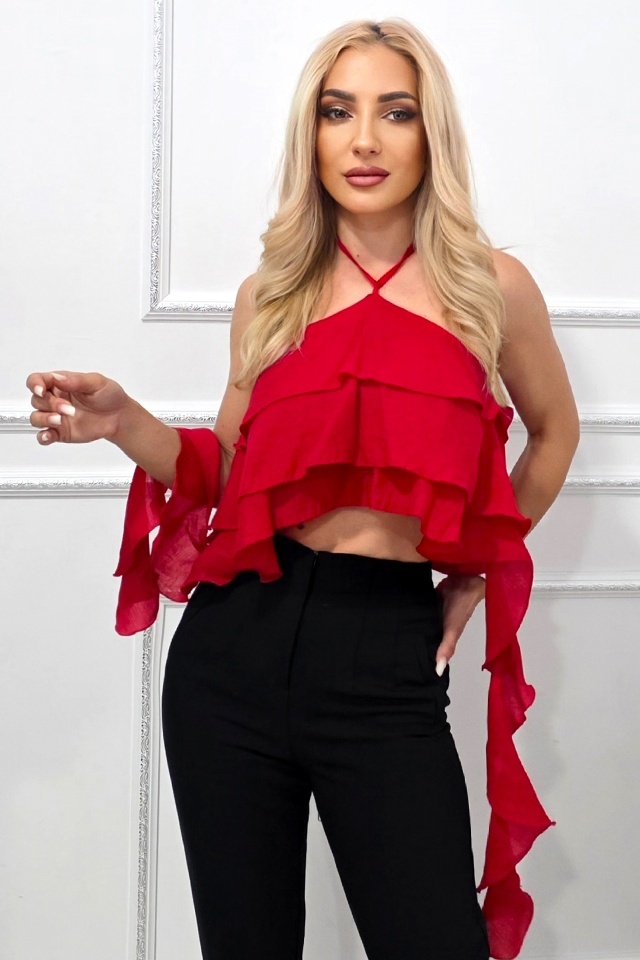 Top elegant Yuna, cu volane oversize asimetrice, Rosu, Marime S/M Top elegant Yuna, cu volane oversize asimetrice, Rosu, Marime S/M