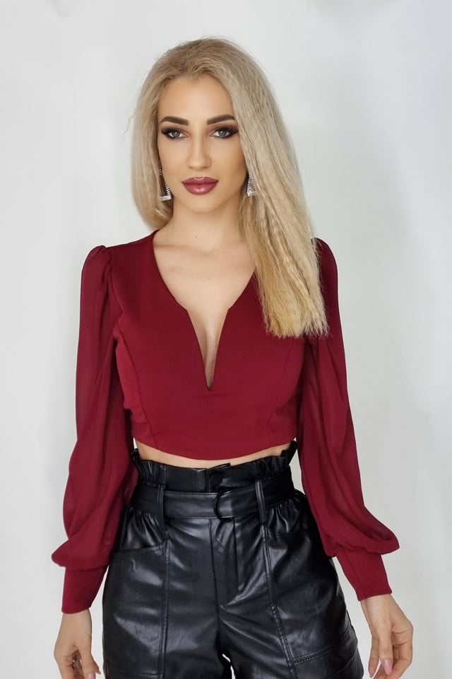 Top scurt Katarina, cu maneci bufante, Bordo, Marime universala S/M - 2 | YEO