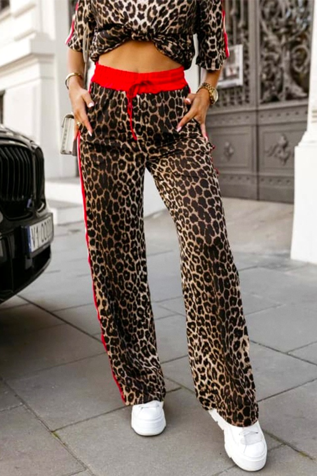 Trening catifelat FELINA, animal print, tricou si pantaloni cu snur, Rosu Leopard - 2 | YEO
