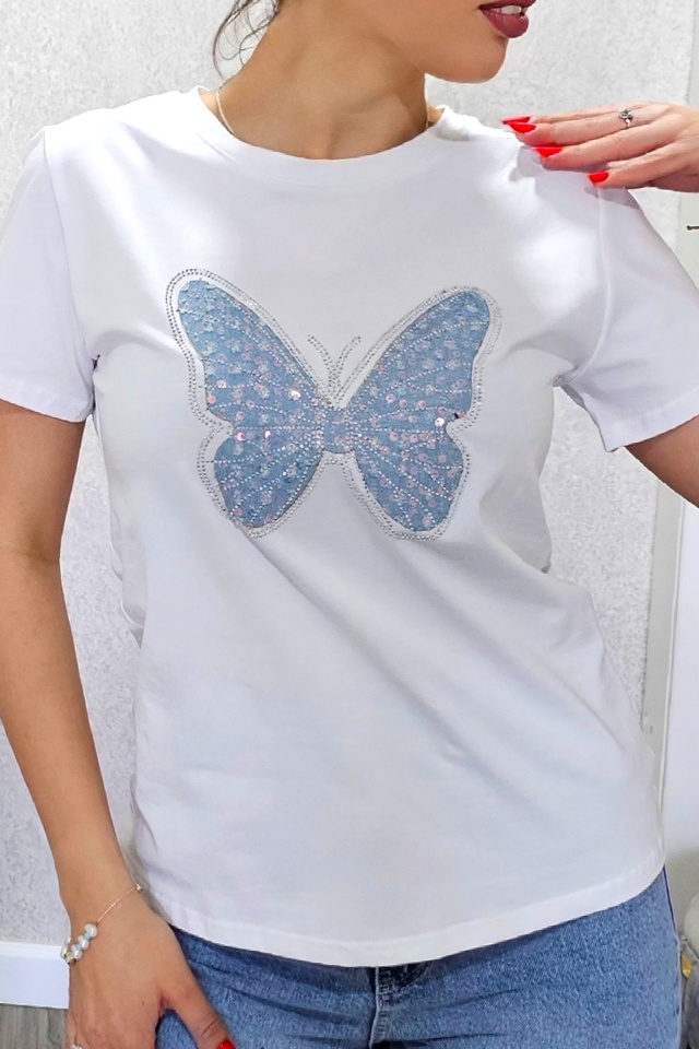 Tricou bumbac AMOO, cu imprimeu si cristale artizanale, Butterfly ALB - 2 | YEO