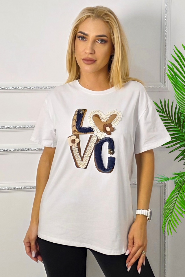 Tricou bumbac NOREA, cu imprimeu in relief, LOVE Alb - 2 | YEO