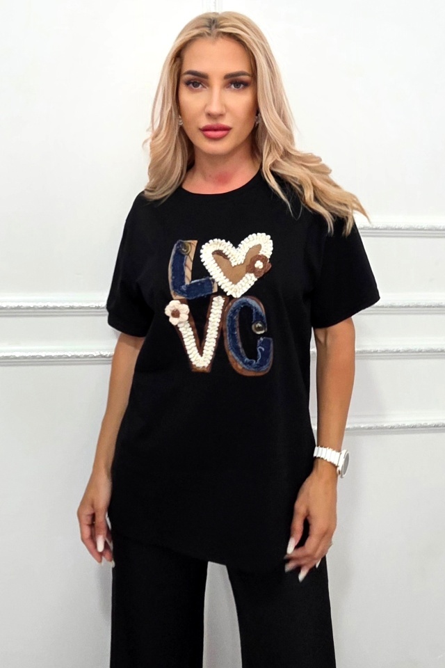 Tricou bumbac NOREA, cu imprimeu in relief, LOVE Negru - 4 | YEO