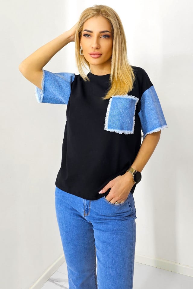 Tricou cu doua texturi Kriss, detalii din denim si buzunar practic, Negru - 2 | YEO