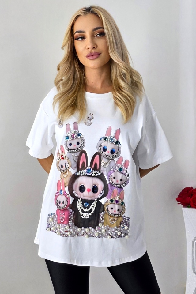 Tricou dama cu print La BuBu, croiala oversize cu perle si cristale, Alb, Marime S/M/L - 3 | YEO