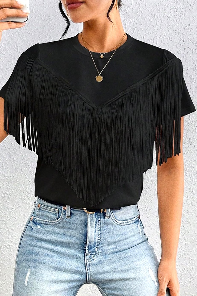 Tricou dama Fringe Chic Tee, cu lungime medie si franjuri asimetrici, Negru - 2 | YEO