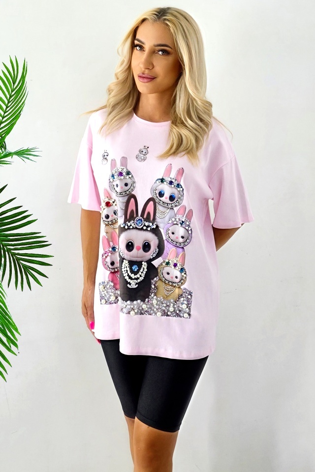 Tricou lung imprimat La BuBu, cu perle si cristale colorate, Roz, Marime S/M/L - 3 | YEO