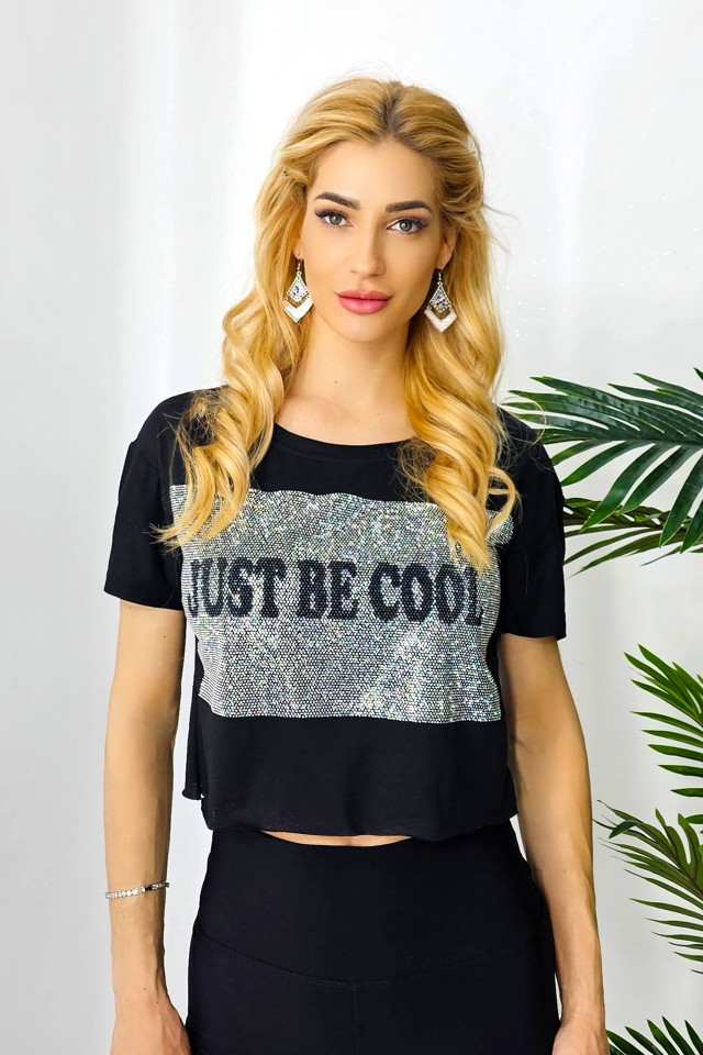 Tricou scurt Sebastian, cu paiete si mesaj motivational, Negru - 2 | YEO