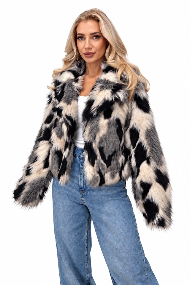 Blana animal print Ysolde din blana ecologica, cu interior satinat, Crem, Marime S/M — imaginea 6