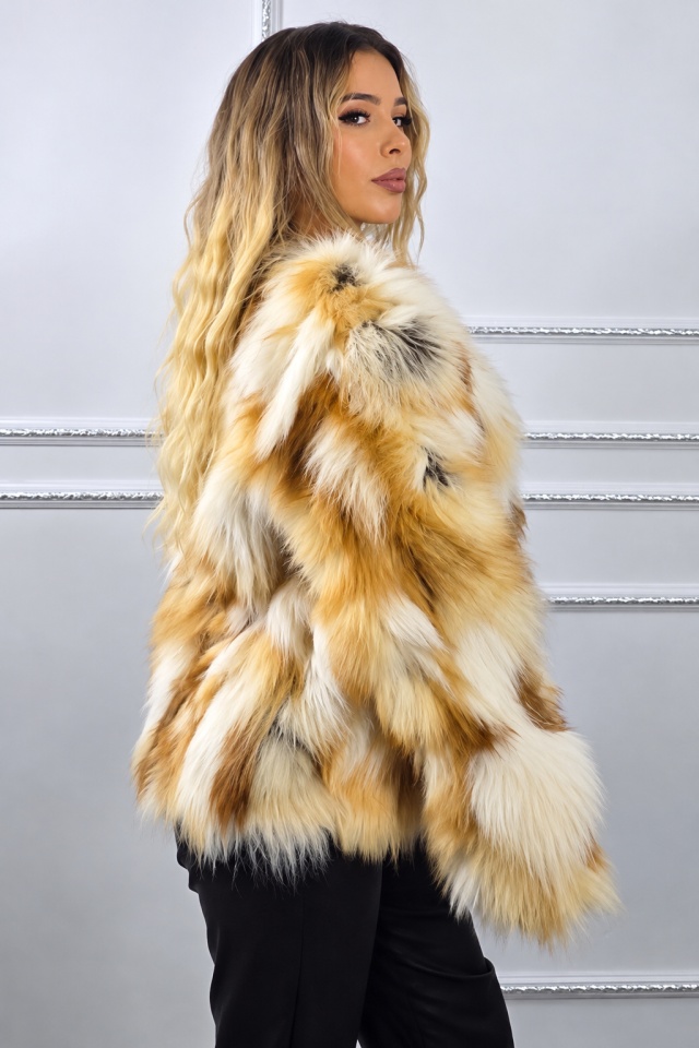 Blana naturala de vulpe FELYNA, cu buzunare laterale, Crem/BEJ, Marime S/M/L — imaginea 5