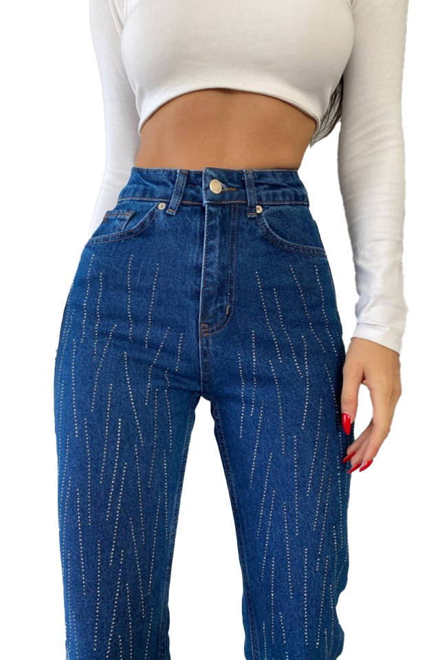 Blugi dama Pierre, mom fit, cu talie inalta si strasuri aplicate, Albastru denim