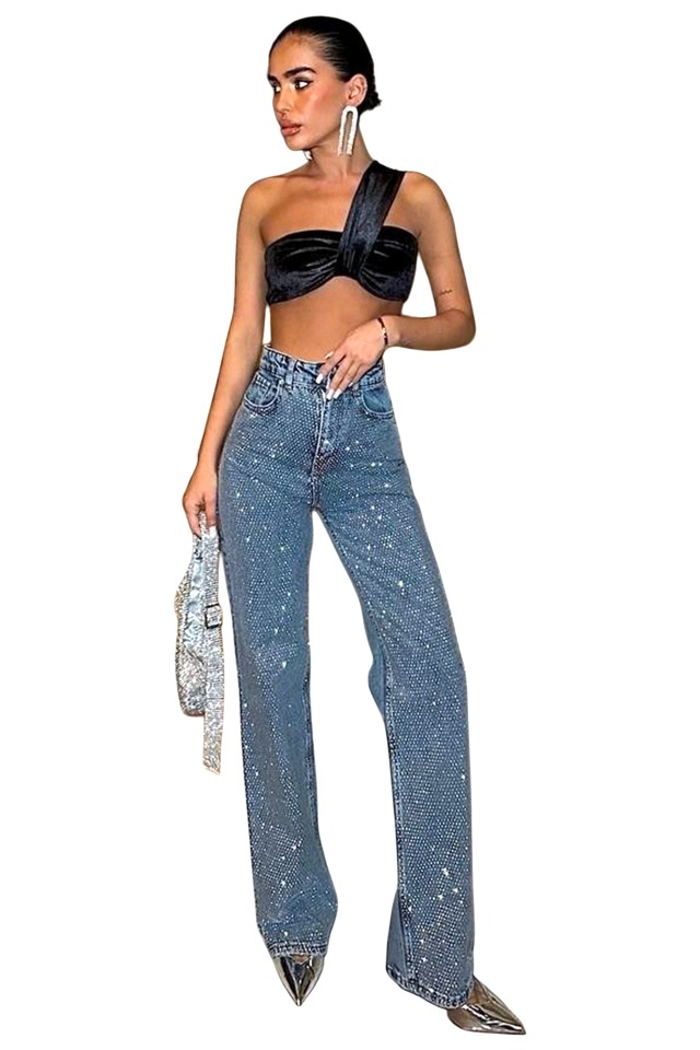 Blugi dama Stone Crystal, croiala wide leg cu elastan si paiete, Albastru deschis